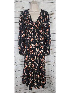 Old Navy Black Dark Floral Dress L Smocked Midi Whimsigoth Balloon Sleeve Ruffle